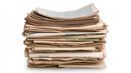 one single stack of old vintage newspapers isolated on white background