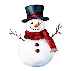 Snowman clipart, wearing a top hat and scarf, watercolor illustration, winter tones, isolated on white background
