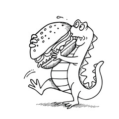 cute vector design illustration of a crocodile carrying burger  free vector hand drawn sketch