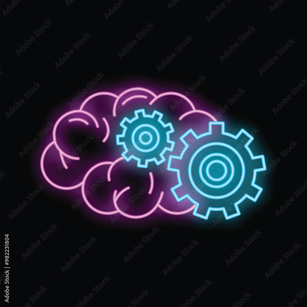 Poster neon style illustration of a brain with gears, symbolizing the process of thinking and generating id