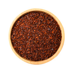 Red chili powder in wooden bowl, Top view