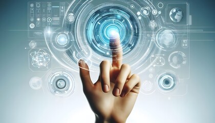 Fototapeta premium Hand interacting with futuristic interface elements on a white background, symbolizing high technology and innovation