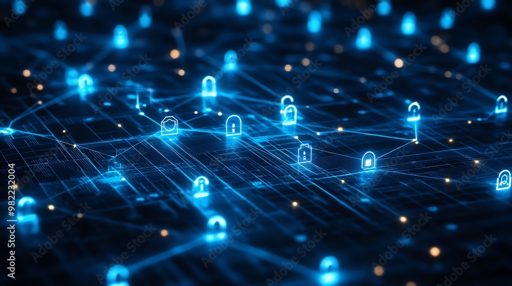 Poster abstract digital network with glowing blue lock icons and lines.