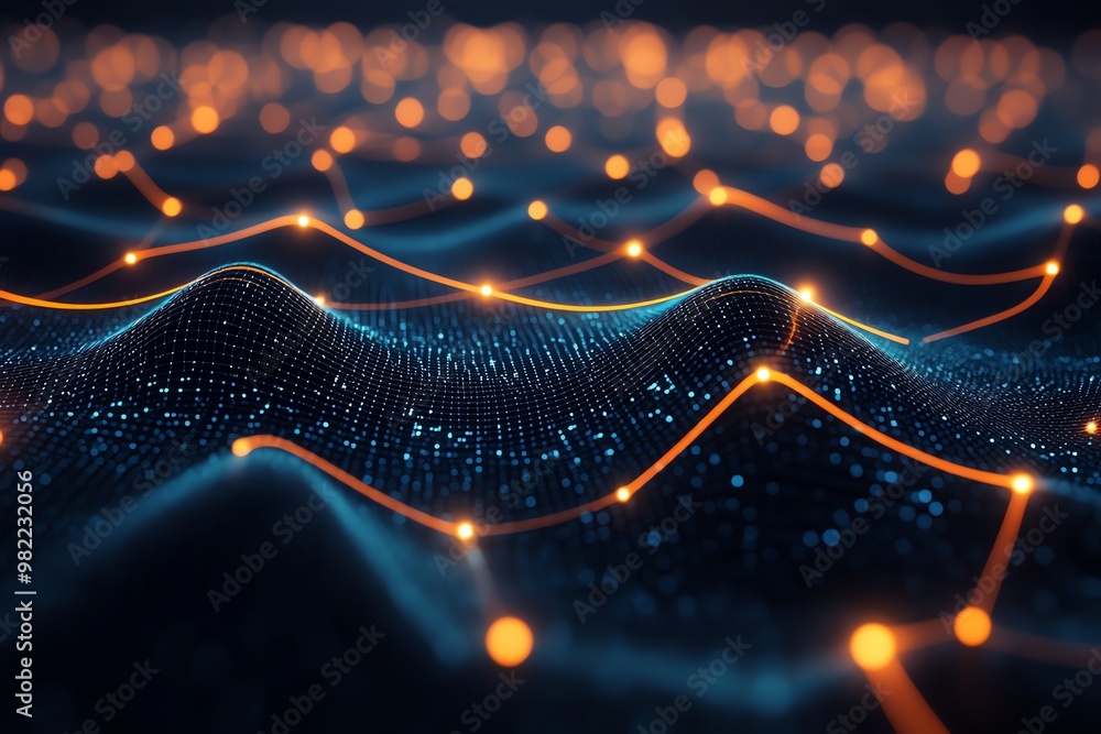 Poster abstract digital network with glowing lines and bokeh.