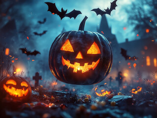 Naklejka premium Halloween setting with carved pumpkins, one large and glowing, another smaller on the ground, bats flying in the background