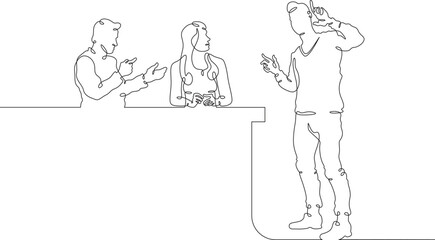 Continuous one line drawing collaboration in the office. Creative employee meeting in the office. Meeting at work. One continuous line isolated minimal illustration.