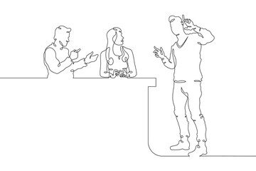 Continuous one line drawing collaboration in the office. Creative employee meeting in the office. Meeting at work. One continuous line isolated minimal illustration.