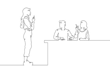 Continuous one line drawing collaboration in the office. Creative employee meeting in the office. Meeting at work. One continuous line isolated minimal illustration.