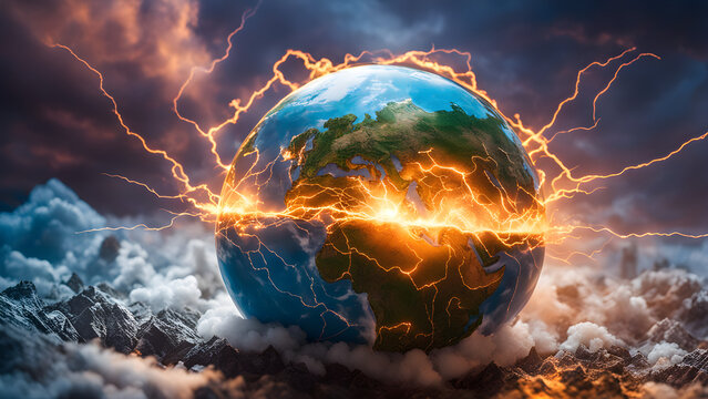Lightning strikes the world Disaster Doomsday Concept
