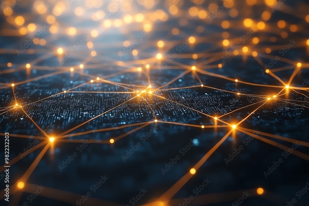 Poster abstract digital network with glowing lines and dots.