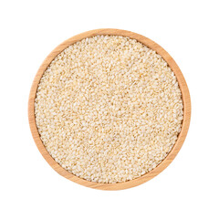White sesame seeds in wooden bowl, Top view
