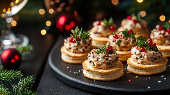 festive canapes featuring truffle spread on crackers, a decadent holiday appetizer idea displayed on a banner for a gourmet christmas