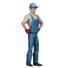 Male Mechanic 3D Model. A male mechanic is standing with both hands on his waist as if looking for a solution for the next activity. Auto Shop Environment