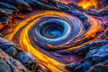 Swirling vortex of dark blues and purples, erupting into bursts of bright oranges and yellows, amidst textures of rough stone and silky smoothness.