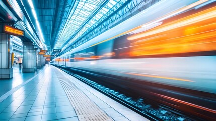 A high-speed train rushing past a modern station, capturing the essence of urban transport and movement in a vibrant setting.
