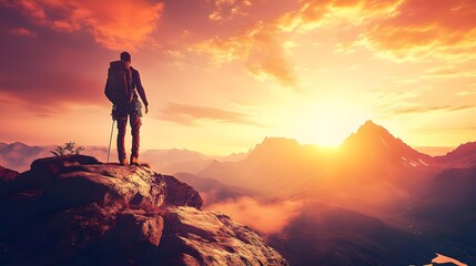 Obraz premium A hiker stands on a mountain peak, gazing at a vibrant sunset illuminating the sky and rugged landscape.