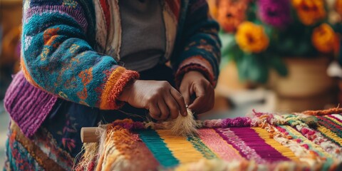 Fototapeta premium A woman is sitting at a table with a colorful blanket in front of her. She is working on a piece of fabric, possibly knitting or weaving. Concept of creativity and relaxation