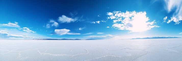 A vast, empty, snow-covered field with a clear blue sky. The sky is dotted with clouds, and the sun is shining brightly. Concept of calm and serenity