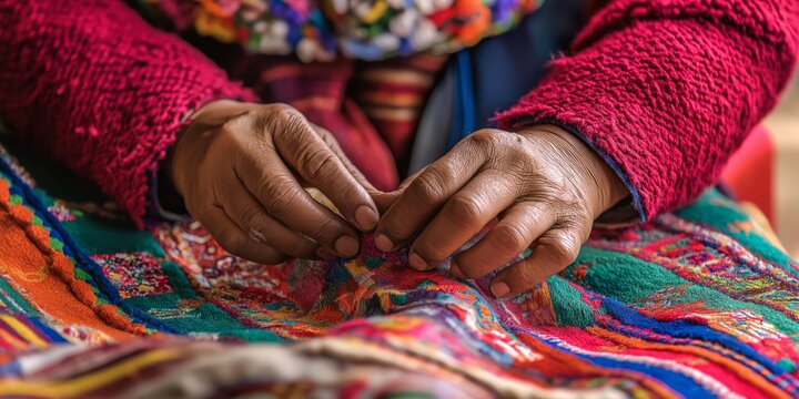 A woman is sitting and working on a colorful piece of fabric. Concept of creativity and craftsmanship, as the woman carefully weaves the fabric. The vibrant colors of the fabric