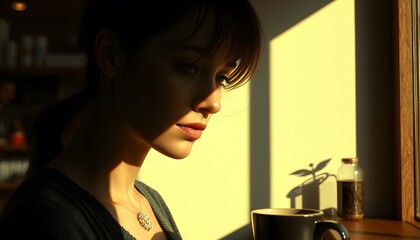 Woman with Long Brown Hair Gazing Thoughtfully Out a Window