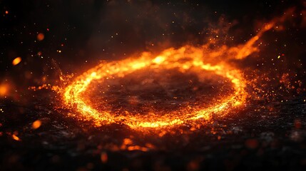 An abstract fire ring, glowing brightly against a deep, dark backdrop, with embers and sparks flying.