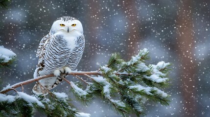 A majestic snow owl perched on a snowy branch, surrounded by falling snowflakes in a serene winter landscape.
