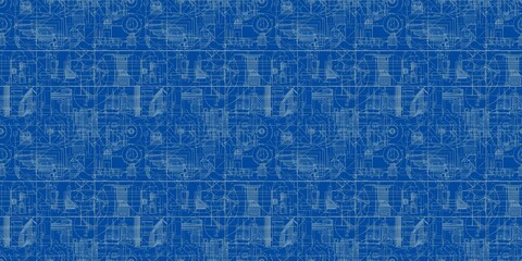 Technical blueprint pattern with detailed, architectural designs. seamless background pattern