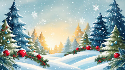 snow background with cheerful christmas tree