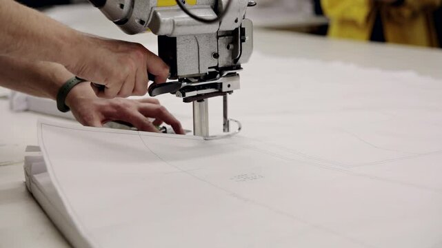 A man makes clothing patterns with a cutter knife in a factory. Cutting room, cutting cloth tailoring knife.