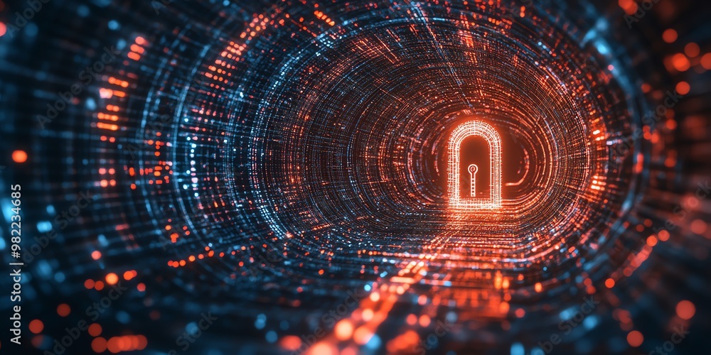 Poster abstract digital tunnel with a glowing keyhole.