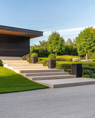 Fototapeta premium Modern residential entrance with landscaped steps, greenery, and evening sunlight in a serene garden setting