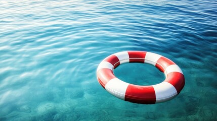 Naklejka premium Bright red and white life preserver floating in open blue water, symbolizing rescue and safety.