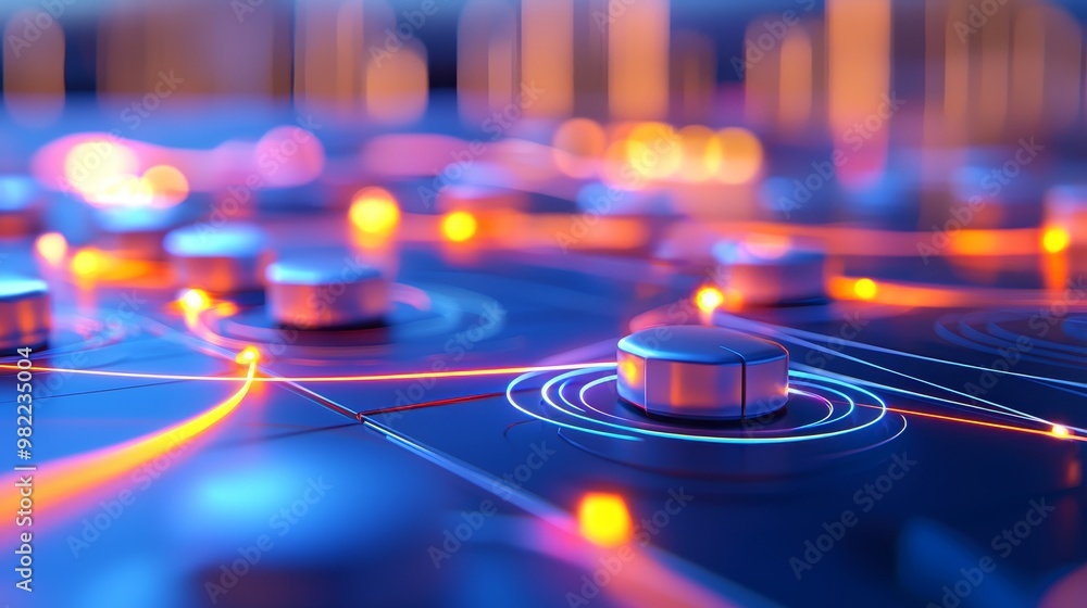 Poster close-up of illuminated control buttons on a modern digital surface, showcasing vibrant colors and d