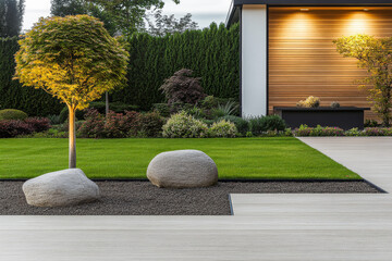 Modern garden design featuring manicured lawn, decorative stones, and lush greenery in a serene residential setting