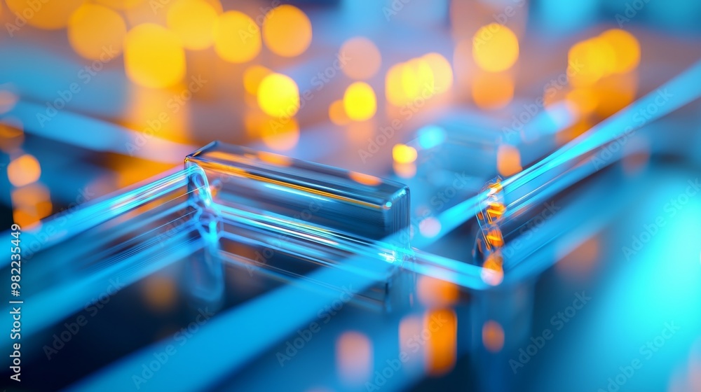 Poster abstract close-up of illuminated glass structures with vibrant blue and orange bokeh, creating a fut