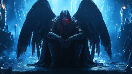 dark fallen angel male with glowing red eyes crouching in a shadowy fortress surrounded by blue flames