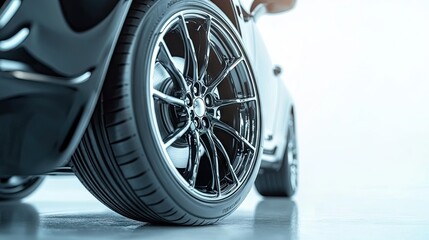 Close-up of a modern car wheel and tire, sharply contrasted against a white backdrop for a clean, professional appearance.