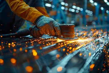 Metal finishing in auto body repair  a skilled craftsman uses a grinding machine for precision work