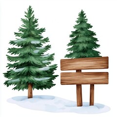 A Christmas tree farm with snowcovered trees and a wooden sign, watercolor illustration, isolated on white background