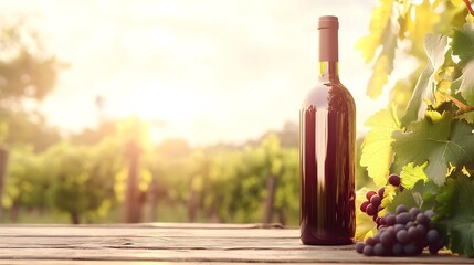 Obraz premium Wine bottle with grapevine branch on the wood table on vineyard background, Generative AI