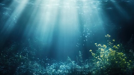 Fototapeta premium Mysterious underwater world with soft rays of light filtering through, creating a calm and magical atmosphere.