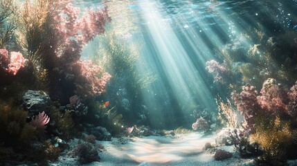 Fototapeta premium Mysterious underwater world with soft rays of light filtering through, creating a calm and magical atmosphere.
