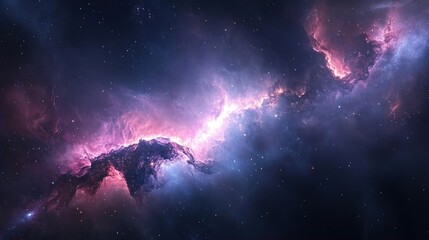 A cosmic nebula with swirling pink and blue hues against a dark background, dotted with twinkling stars.