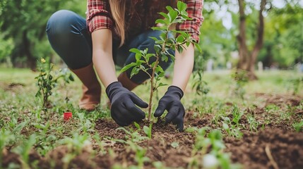 A person planting a young tree in a vibrant garden, showcasing the beauty of nature and the importance of gardening.