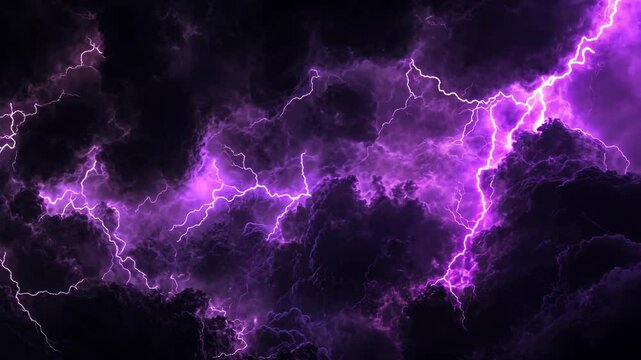 Dramatic purple lightning illuminates a stormy sky in an intense display of nature's power during a summer evening