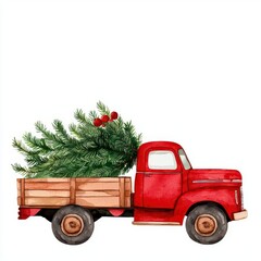 A farm truck carrying a Christmas tree, vintage holiday theme, watercolor illustration, isolated on white background
