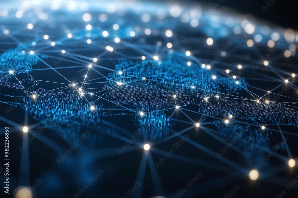 Poster abstract digital world map with connecting lines and glowing points of light.