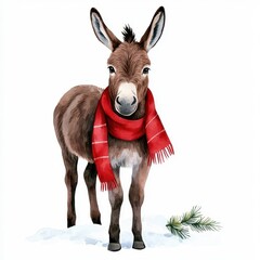 A festive donkey wearing a Christmas scarf, standing in the snow, watercolor illustration, isolated on white background