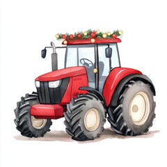 Obraz premium A festive tractor decorated with Christmas lights, watercolor illustration, isolated on white background