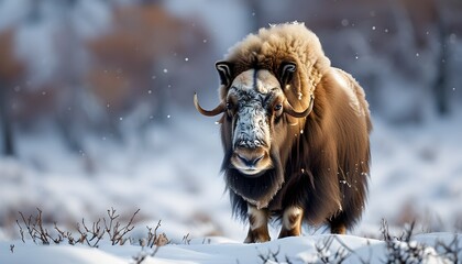 Majestic male Musk ox surrounded by a pristine snowy landscape